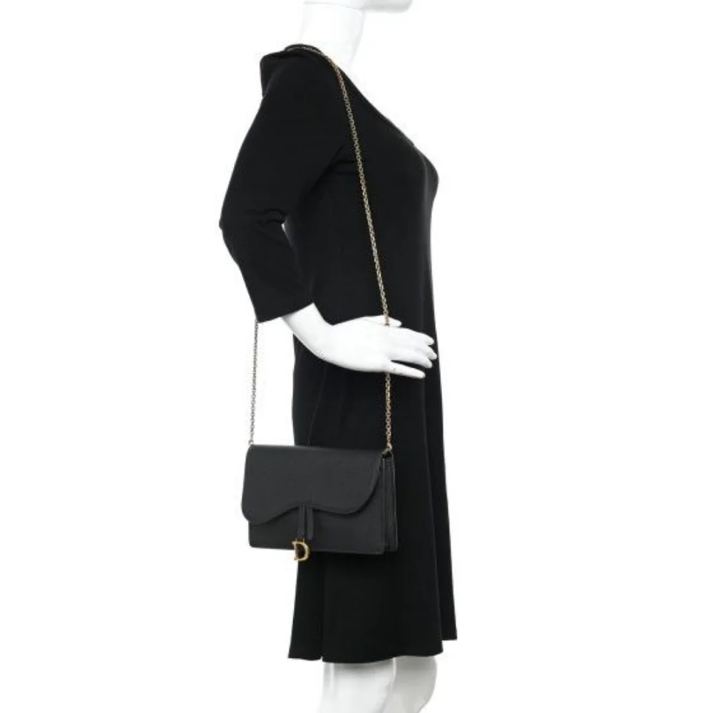 CHRISTIAN DIOR Grained Calfskin Wallet on Chain Black